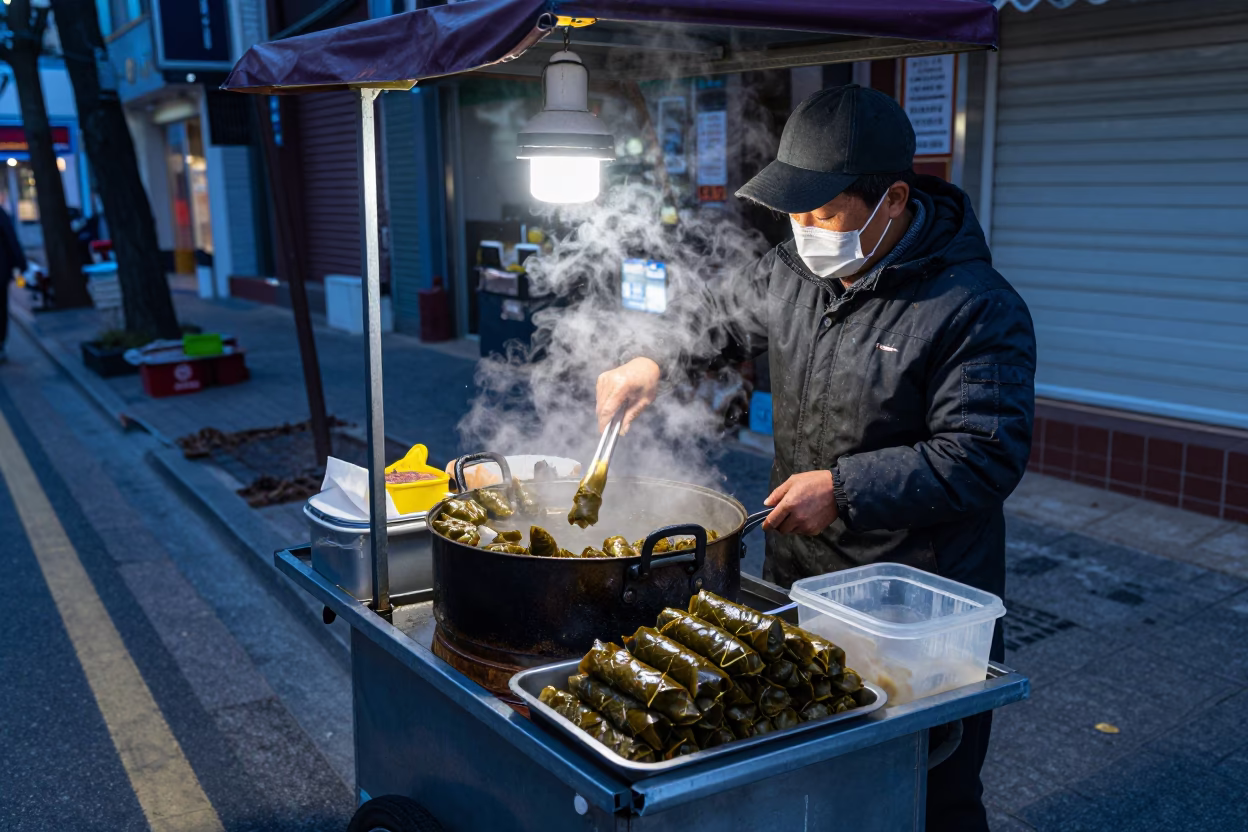 Evening street food vendor serving grape leaf dolma in Seoul South Korea blue hour in in Seoul, South Korea