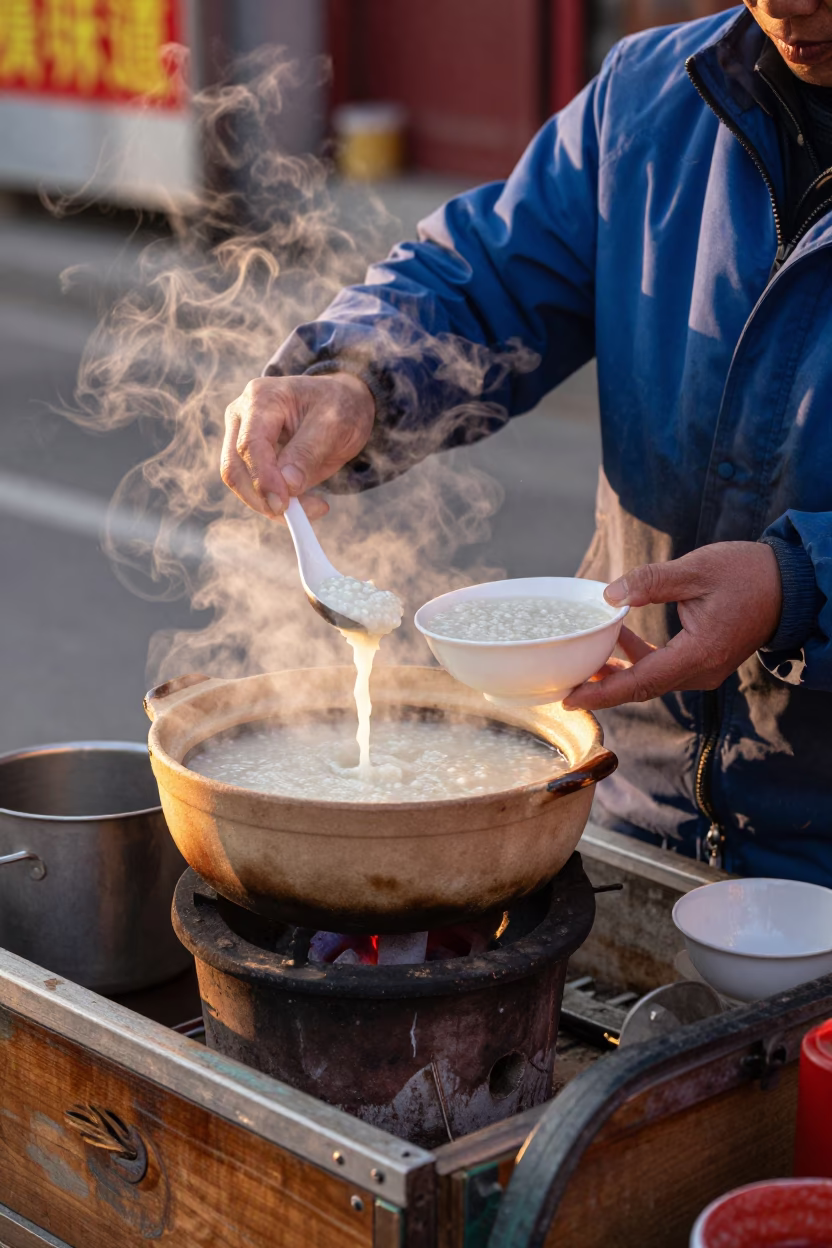 Evening Street Food Vendor Serving Hot Congee with Century Egg in Beijing During Sunset in in Beijing, China