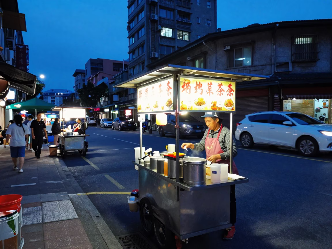 Evening street food vendor serving tea in Taipei Taiwan blue hour in in Taipei, Taiwan