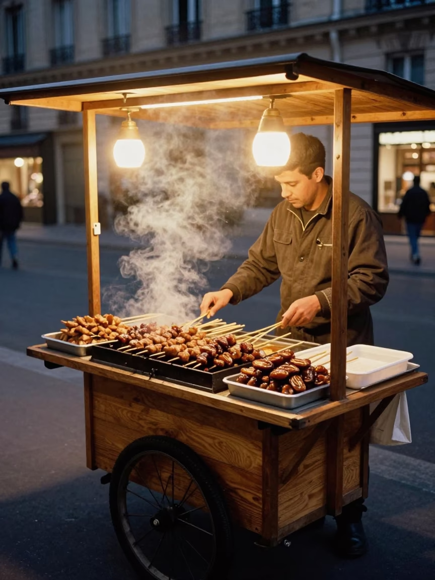 Evening Street Food Vendor with Dates and Night Lights in Paris France in in Paris, France