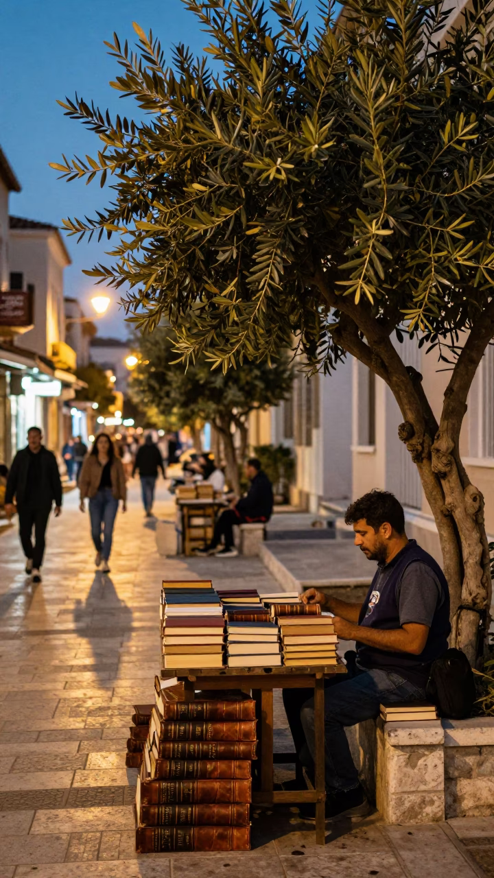 Evening Street Life in Athens Greece with Books and Olive Tree in in Athens, Greece