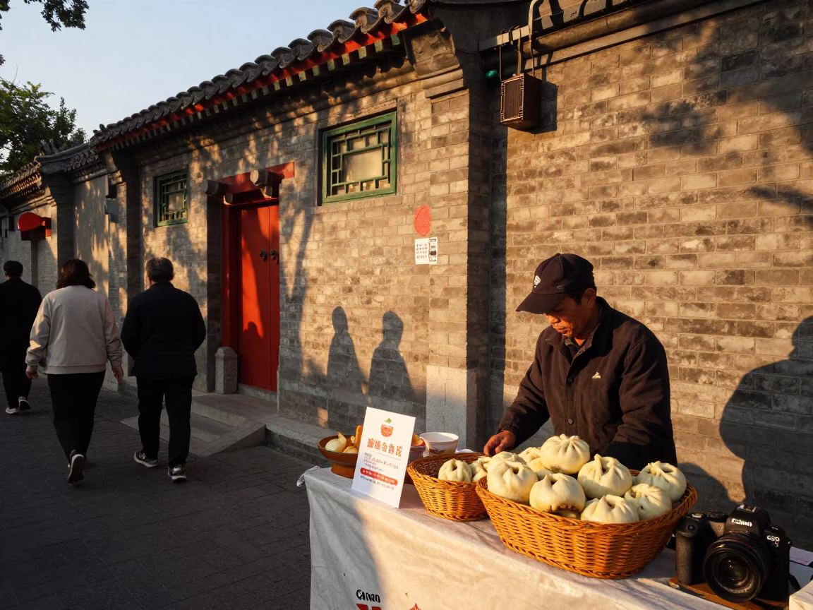 Evening Street Life in Beijing China with Bread Basket and Card Players in in Beijing, China