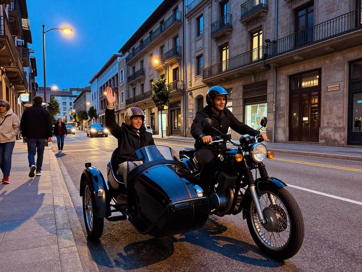 Evening street life in Bilbao Spain with vintage motorcycle and sidecar near Guggenheim Museum in in Bilbao, Spain