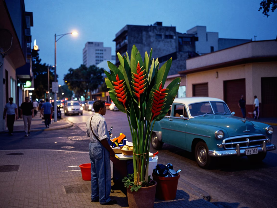 Evening Street Life in Buenos Aires Argentina with Vintage Car and Heliconia Flowers in in Buenos Aires, Argentina