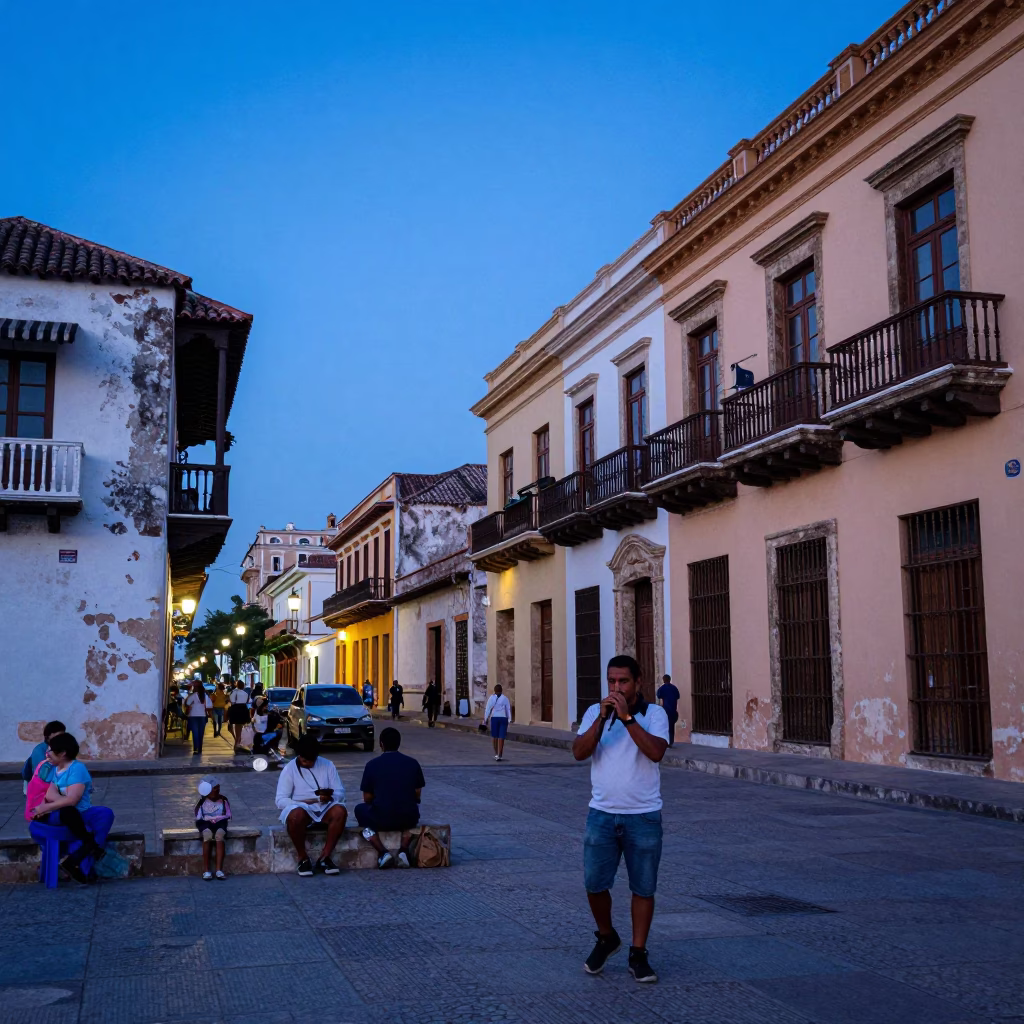Evening Street Life in Cartagena Colombia with Harmonica Player and Local Diners in in Cartagena, Colombia