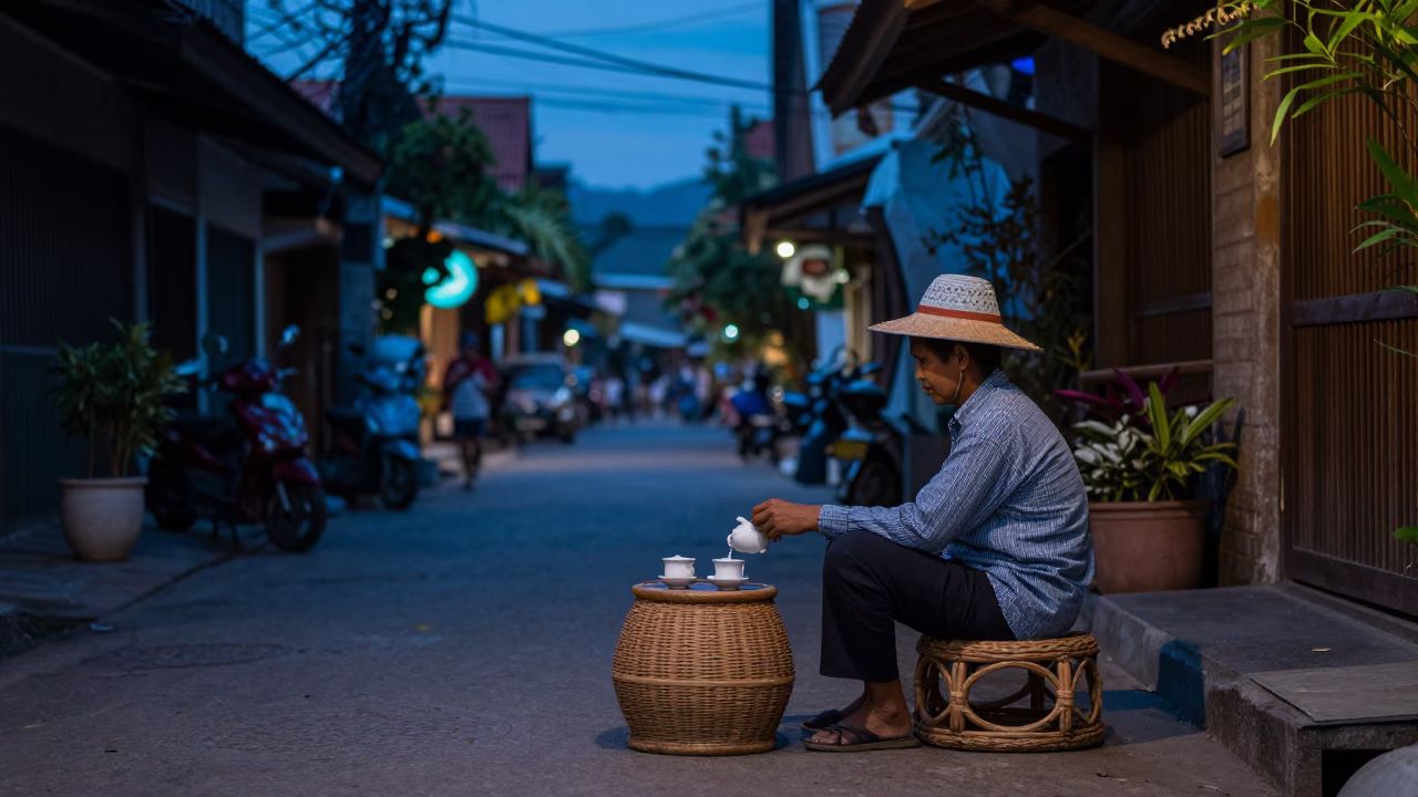 Evening Street Life in Chiang Mai Thailand with Rattan Stool and Tea Stains in in Chiang Mai, Thailand