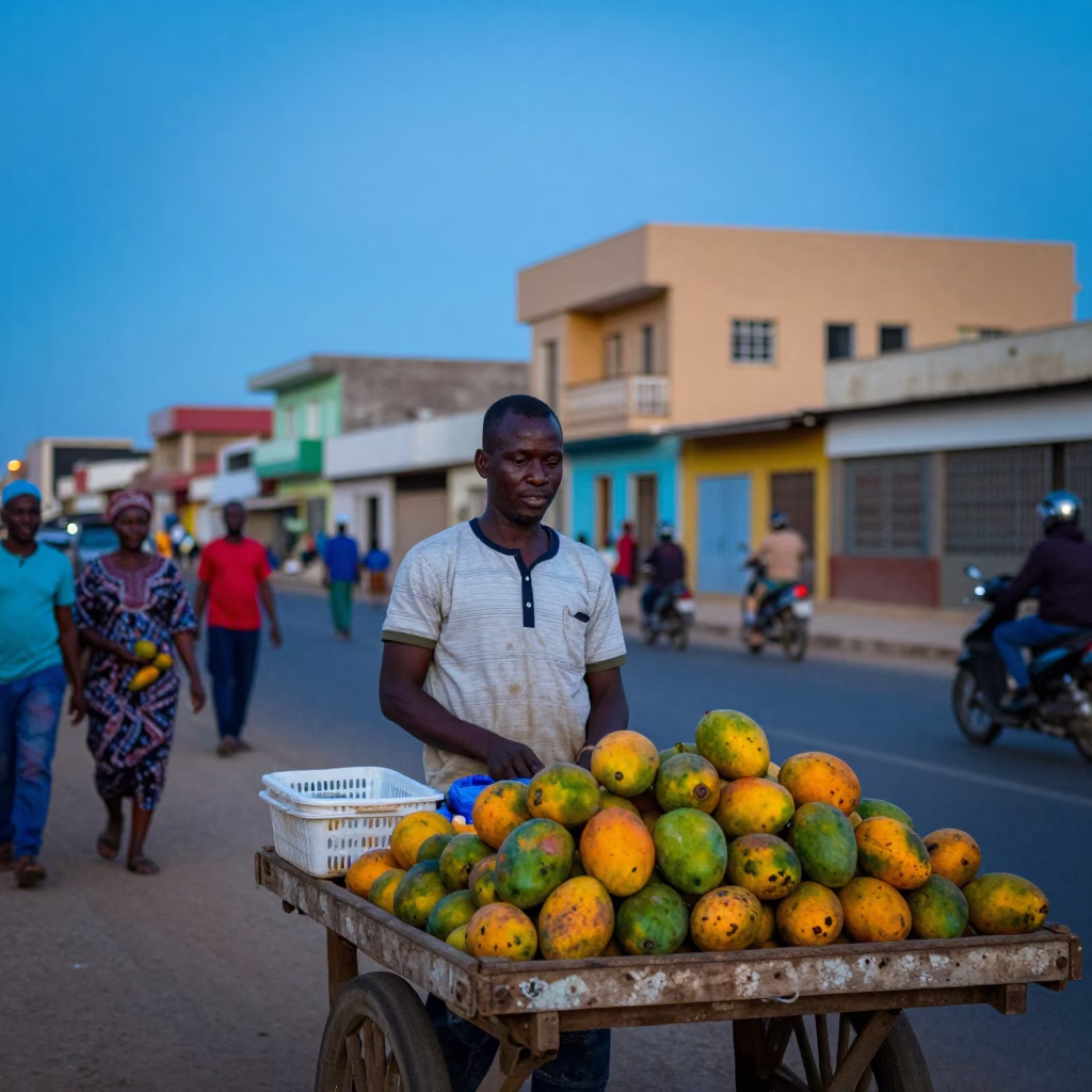 Evening Street Life in Dakar Senegal with Local Vendor and Colorful Umbrellas in in Dakar, Senegal