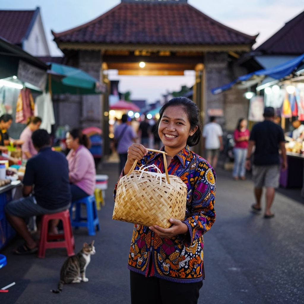Evening Street Life in Denpasar Indonesia with Local Vendor and Cat in in Denpasar, Indonesia