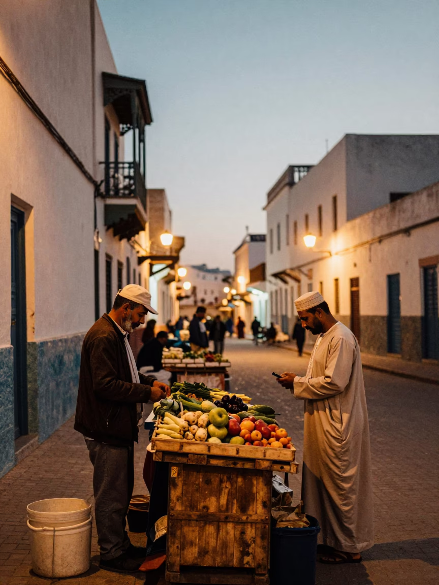 Evening Street Life in Essaouira Morocco with Traditional Architecture and Local Commerce in in Essaouira, Morocco
