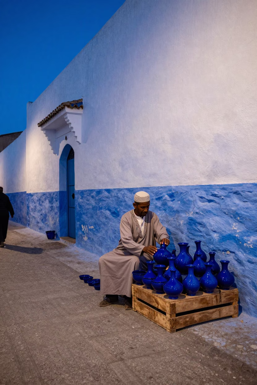Evening Street Life in Essaouira Morocco with Traditional Pottery and Blue Light in in Essaouira, Morocco