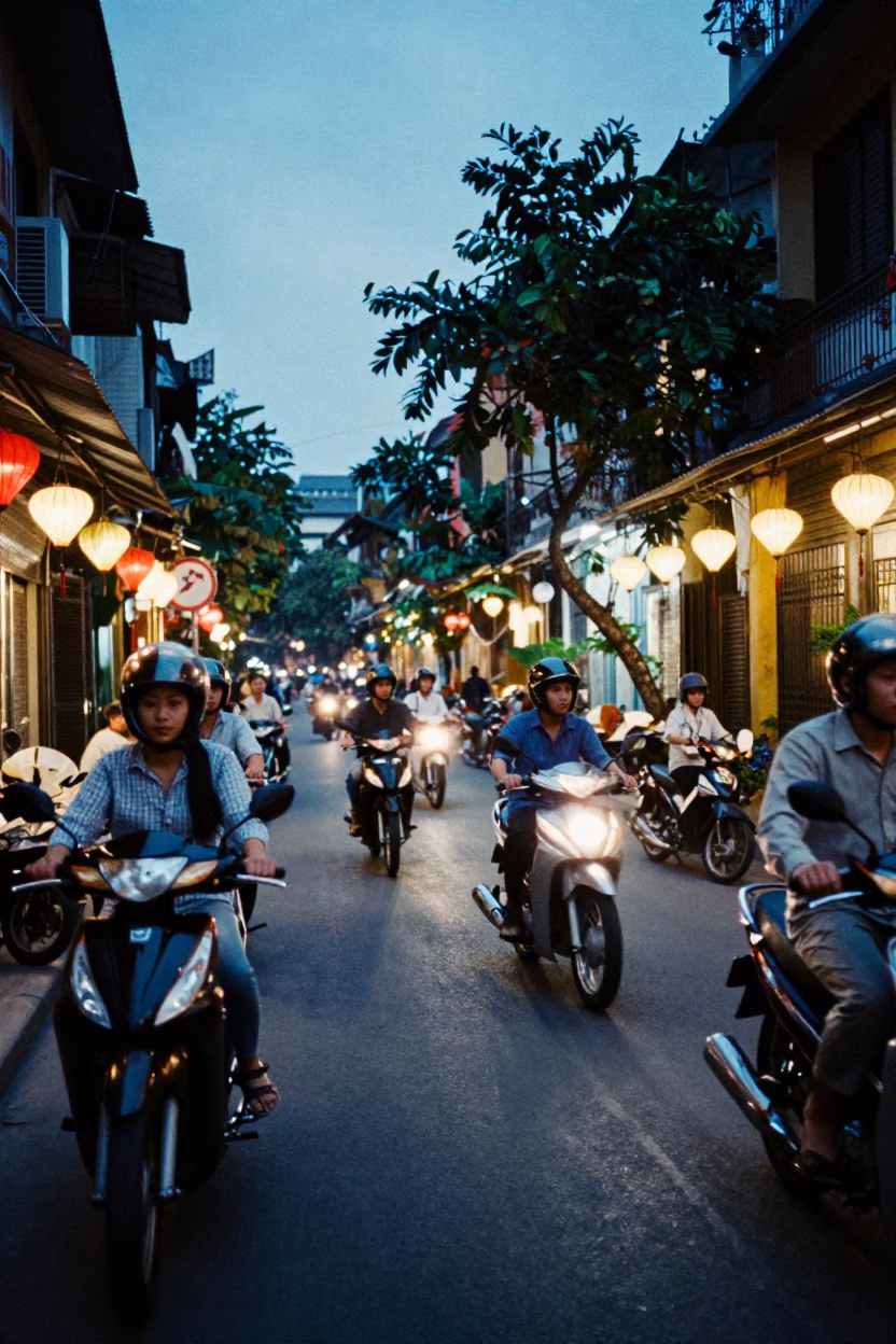 Evening street life in Hanoi Vietnam with motorbikes and lanterns under blue hour sky in in Hanoi, Vietnam