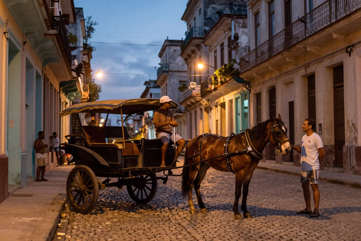 Evening Street Life in Havana Cuba with Horse Cart and Faded Colonial Architecture in in Havana, Cuba