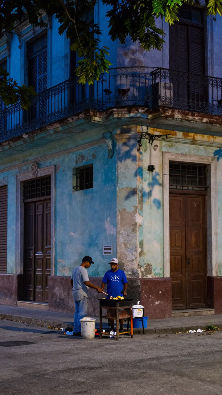 Evening Street Life in Havana Cuba with Leaf Shadows and Local Dining in in Havana, Cuba