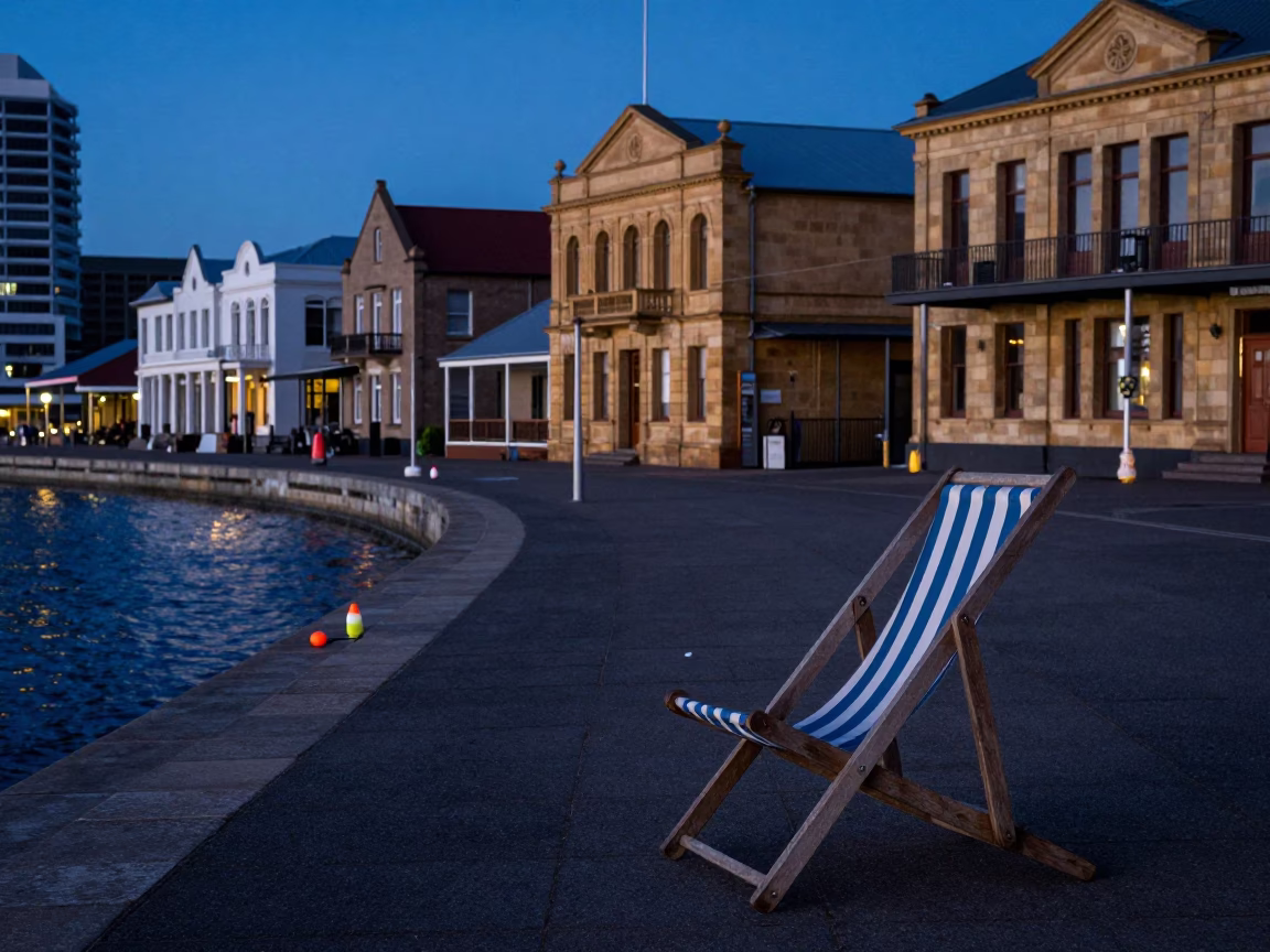 Evening Street Life in Hobart Tasmania with Fishing Floats and Deck Chair in in Hobart, Tasmania, Australia