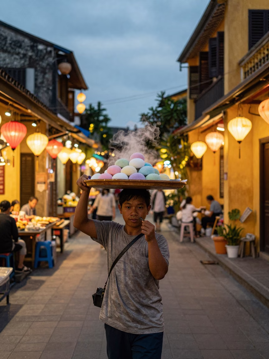 Evening Street Life in Hoi An Vietnam with Lanterns and Local Commerce in in Hoi An, Vietnam