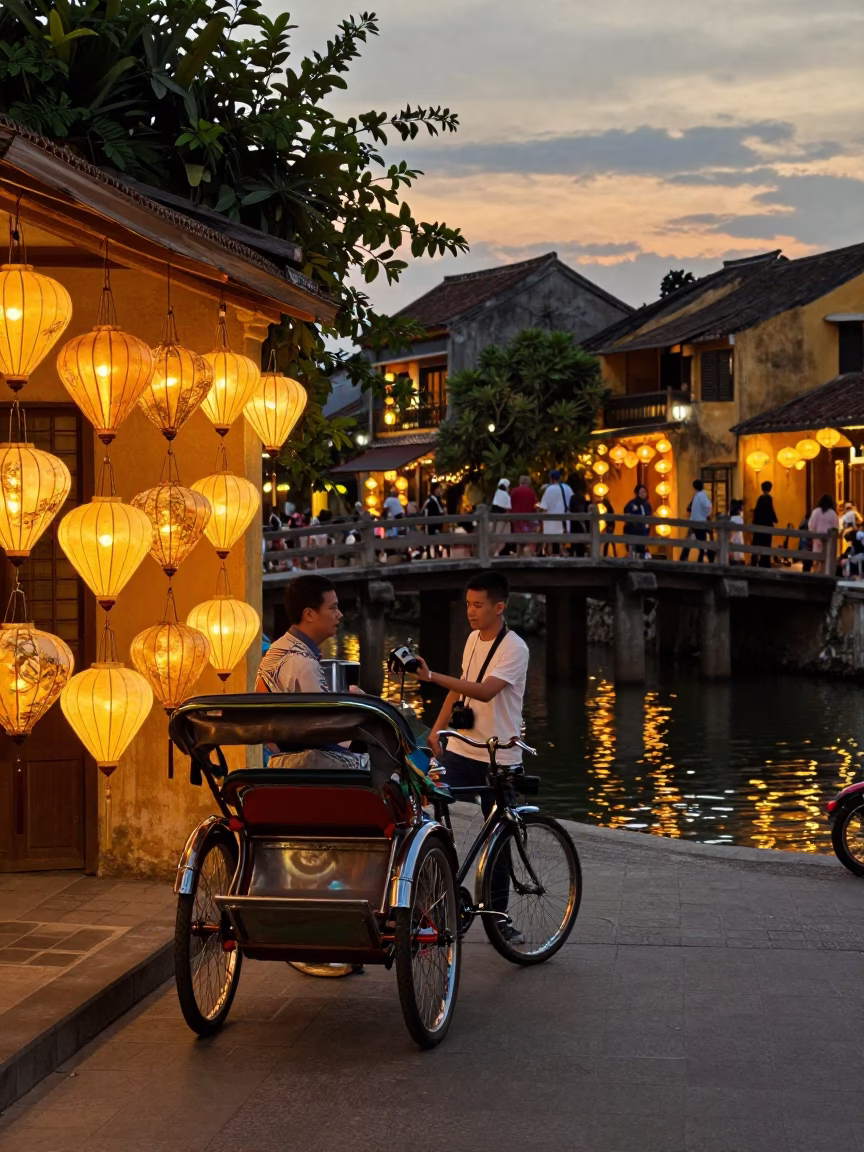 Evening Street Life in Hoi An Vietnam with Lanterns and Rickshaws in in Hoi An, Vietnam