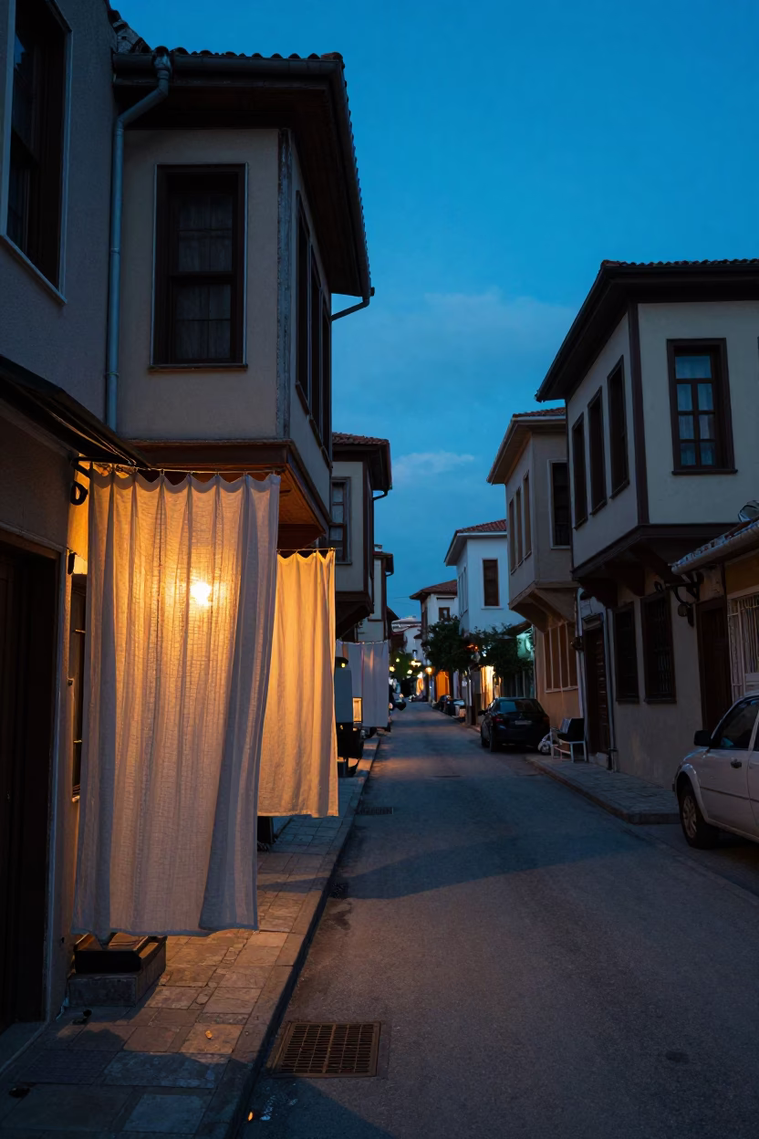 Evening Street Life in Izmir Turkey with Linen Curtains and Urban Details in in Izmir, Turkey