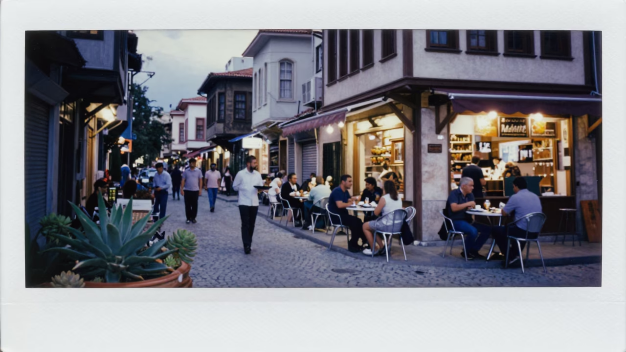 Evening Street Life in Izmir Turkey with Succulents and Local Diners in in Izmir, Turkey