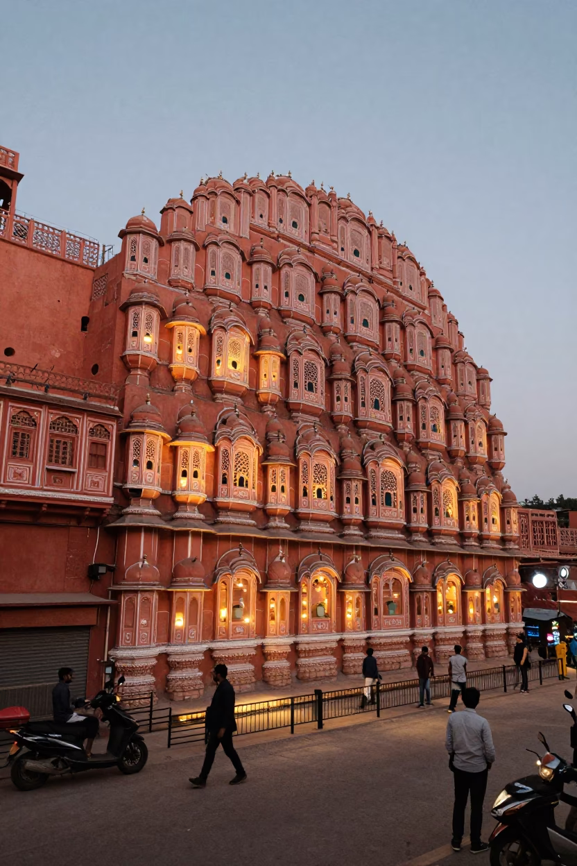 Evening Street Life in Jaipur India with City Lights and Dusty Window in in Jaipur, India