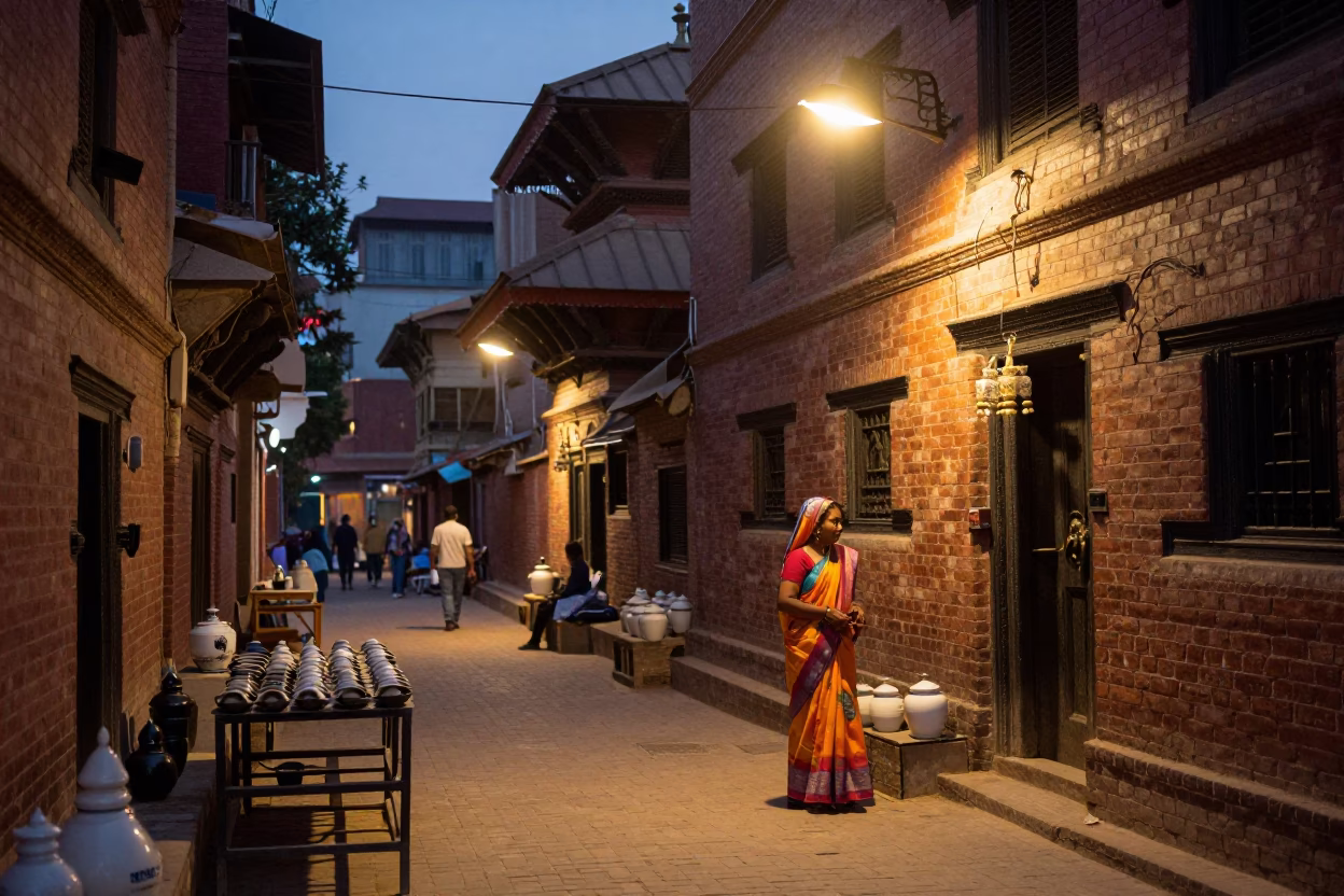 Evening Street Life in Kathmandu Nepal with Drying Rack and Ceramic Basin in in Kathmandu, Nepal