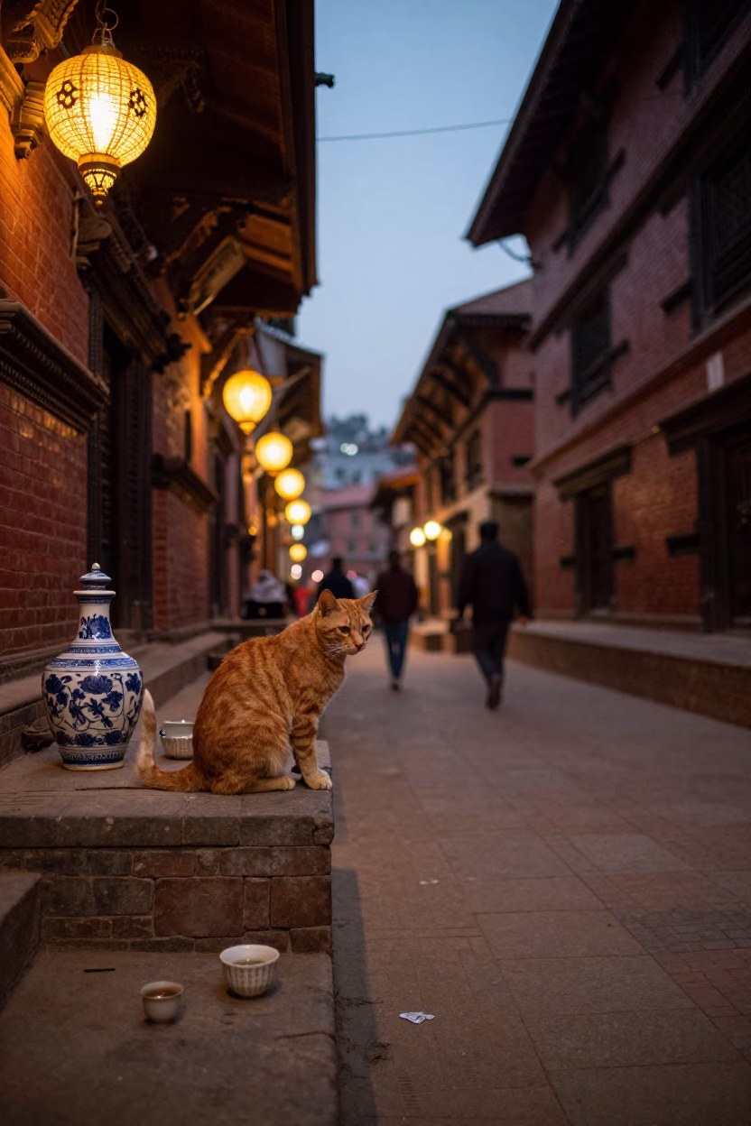Evening Street Life in Kathmandu Nepal with Orange Cat and Ceramic Mugs in in Kathmandu, Nepal