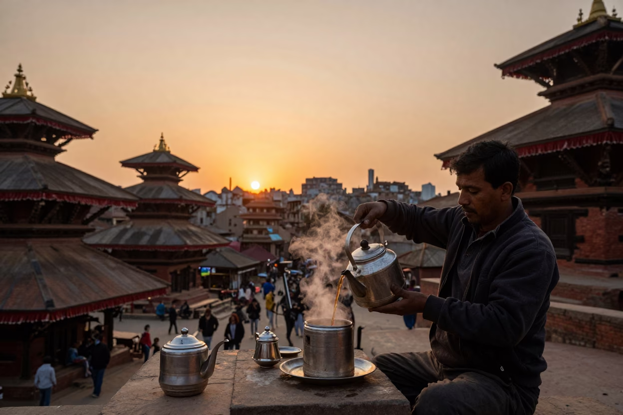 Evening Street Life in Kathmandu Nepal with Traditional Tea Serving and Urban Sunset in in Kathmandu, Nepal