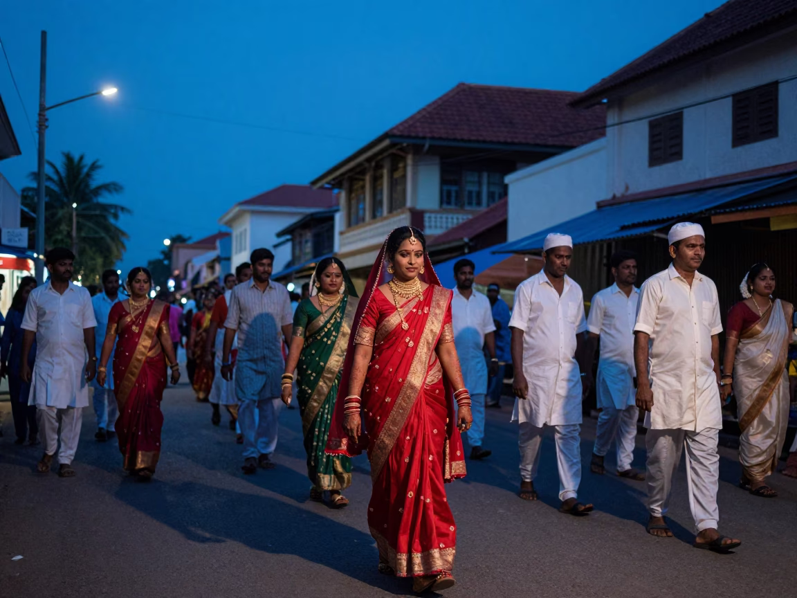 Evening Street Life in Kochi India with Traditional Wedding Procession and Local Market Activity in in Kochi, India
