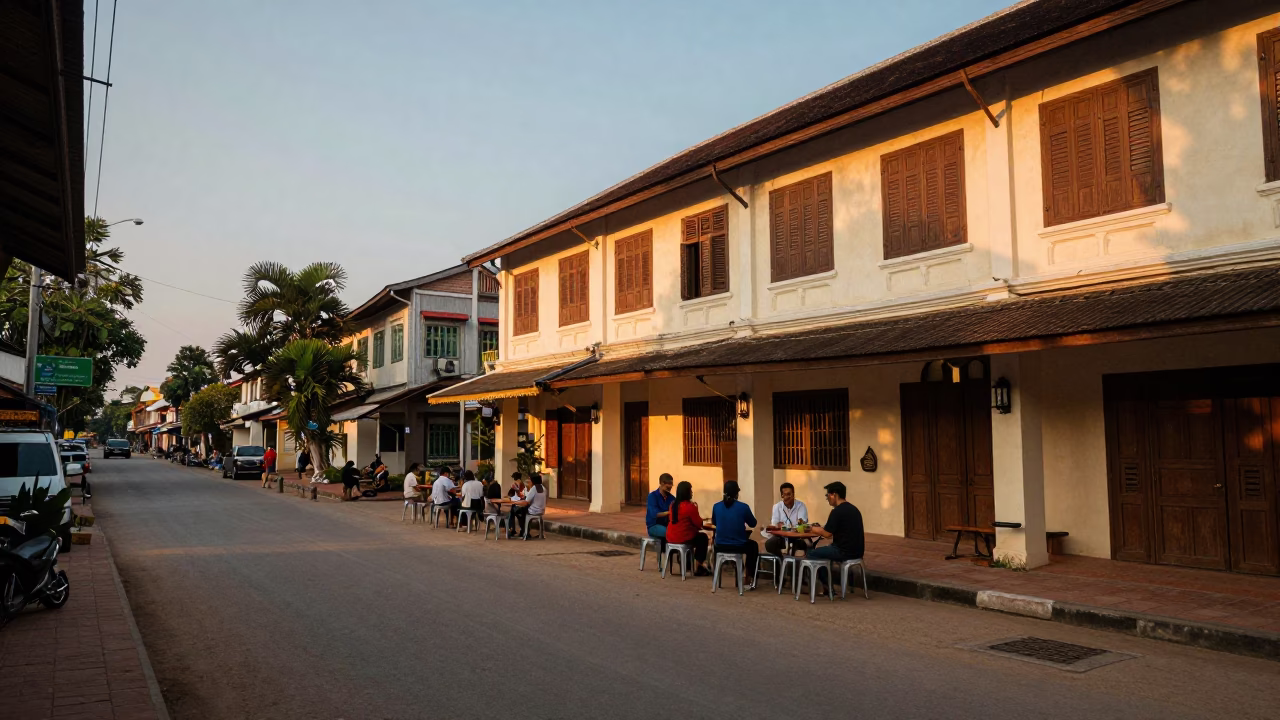 Evening Street Life in Luang Prabang Laos with Metal Stools and Local Dining in in Luang Prabang, Laos
