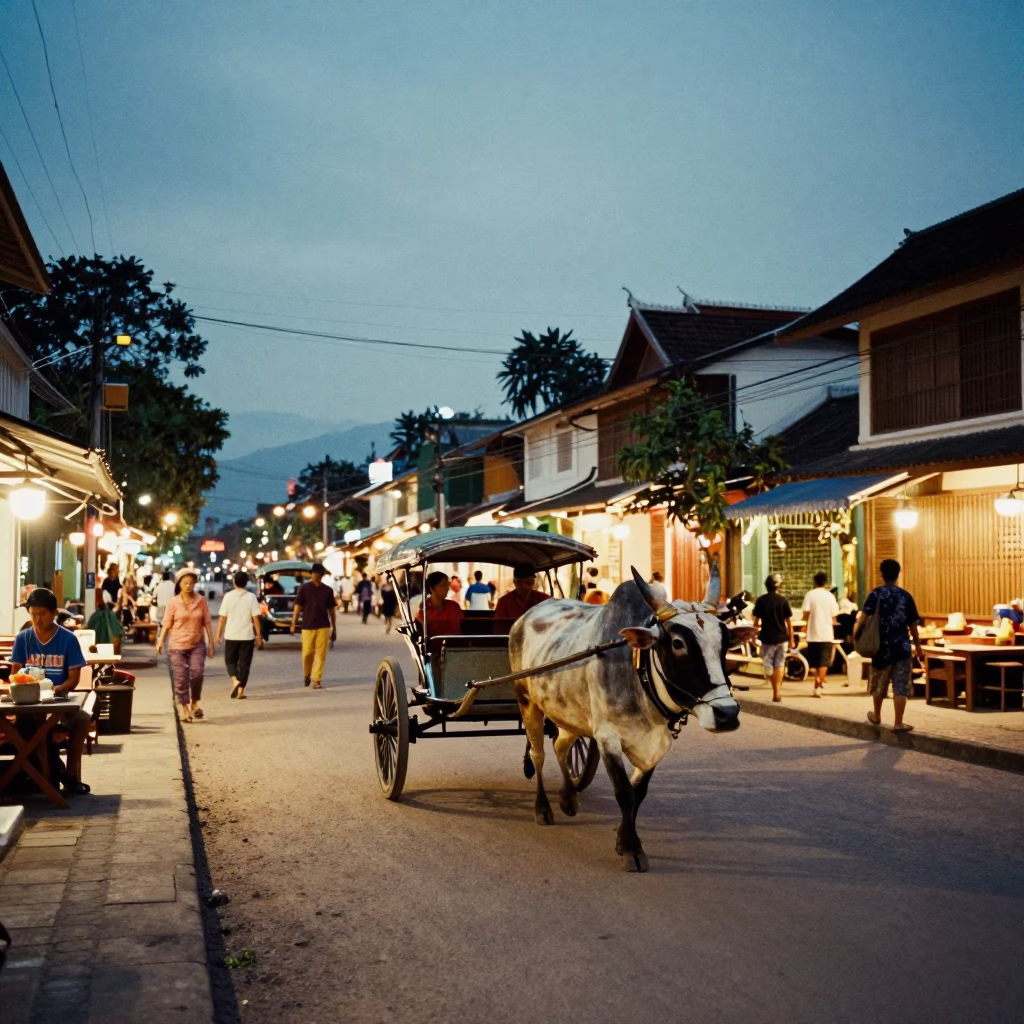 Evening Street Life in Luang Prabang Laos with Ox Cart and City Lights in in Luang Prabang, Laos