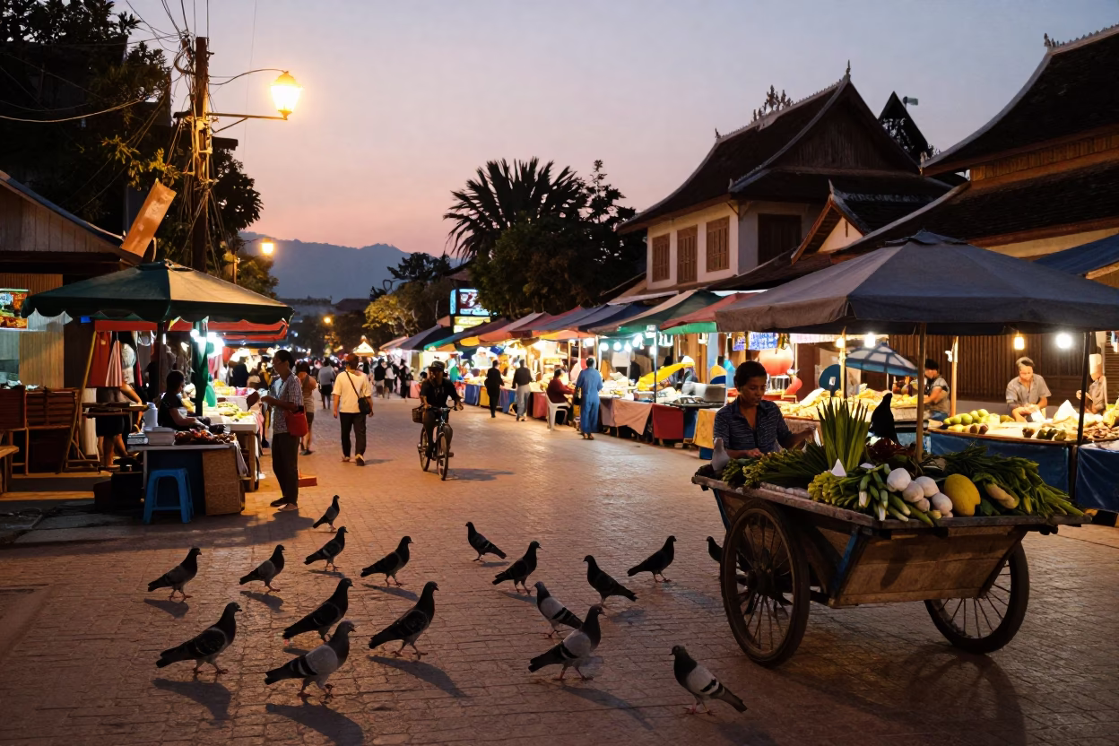 Evening street life in Luang Prabang Laos with pigeons and local market vendors in in Luang Prabang, Laos