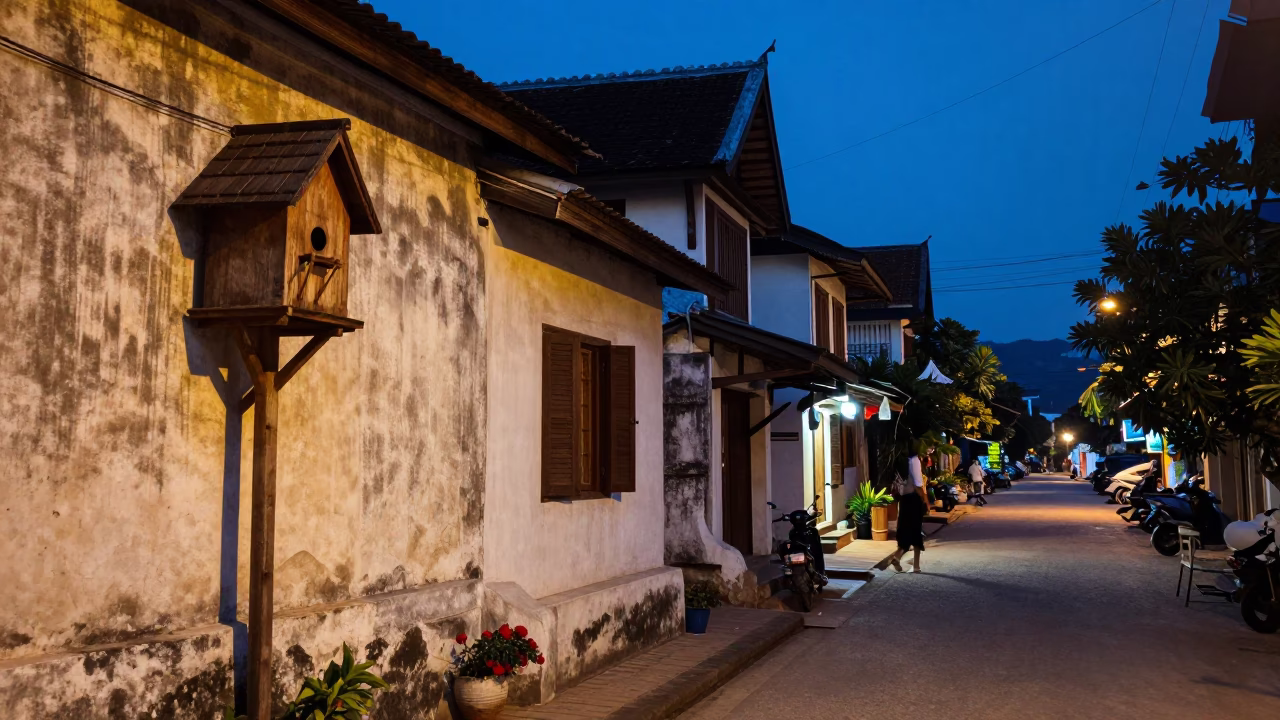 Evening Street Life in Luang Prabang Laos with Wooden Birdhouse and Local Interaction in in Luang Prabang, Laos