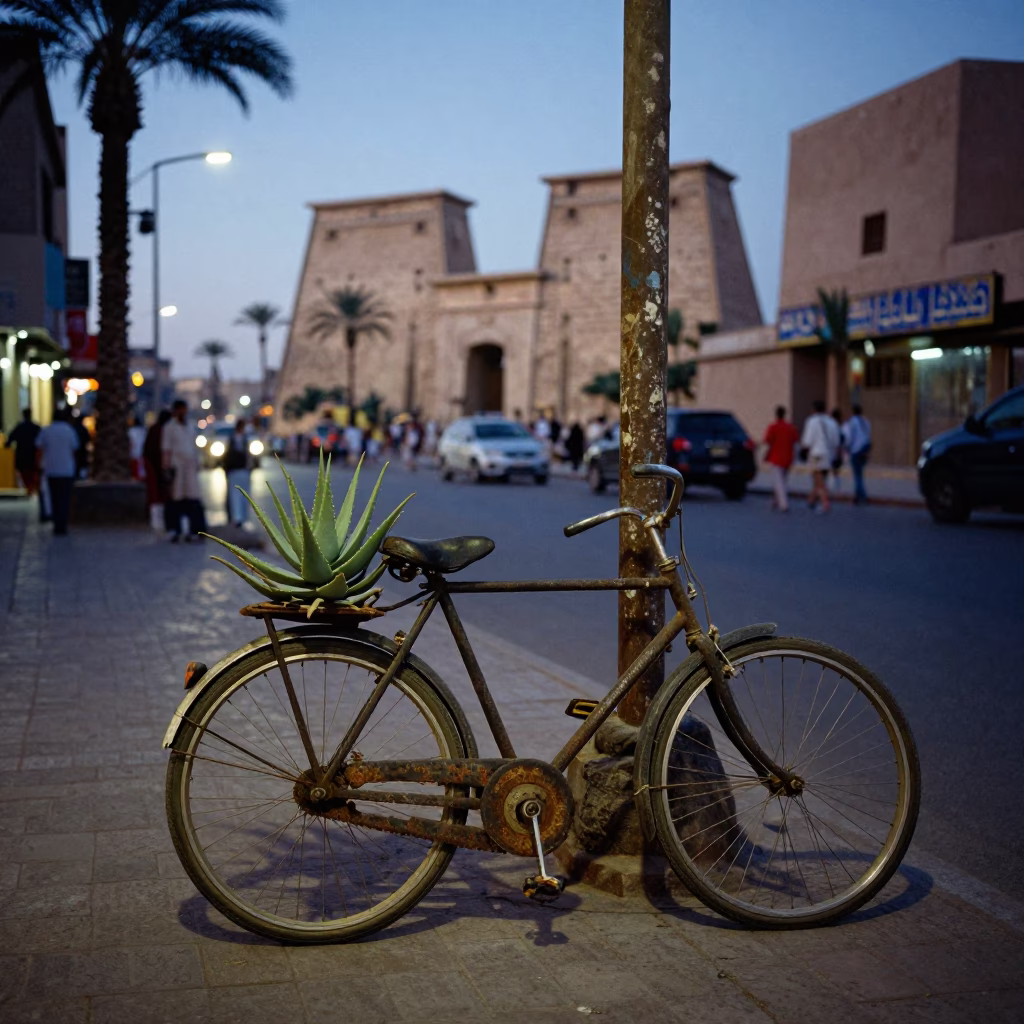 Evening Street Life in Luxor Egypt with Vintage Bicycle and Aloe Vera Plant in in Luxor, Egypt