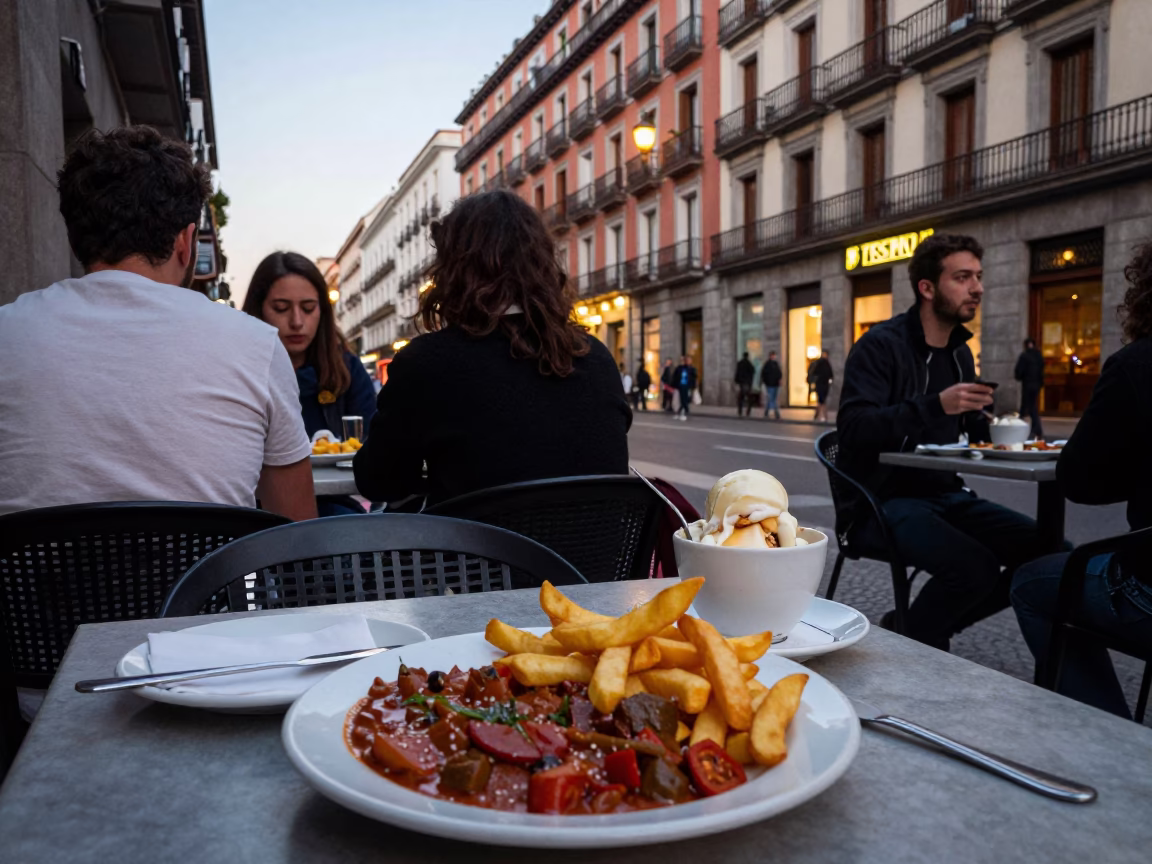 Evening Street Life in Madrid Spain with Local Dining and Urban Architecture in in Madrid, Spain