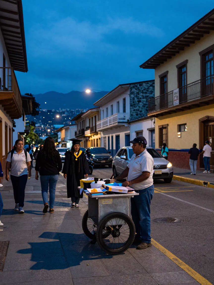 Evening Street Life in Medellin Colombia with Local Vendor and Graduation Gown in in Medellin, Colombia