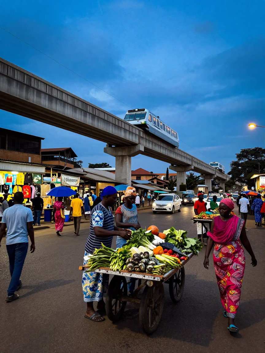 Evening street life in Nairobi Kenya with monorail and local market activity in in Nairobi, Kenya
