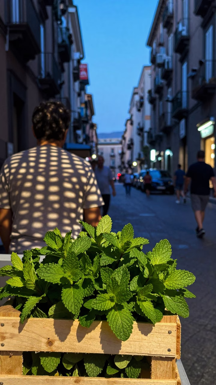 Evening Street Life in Naples Italy with Wicker Shadow and Mint Leaves in in Naples, Italy