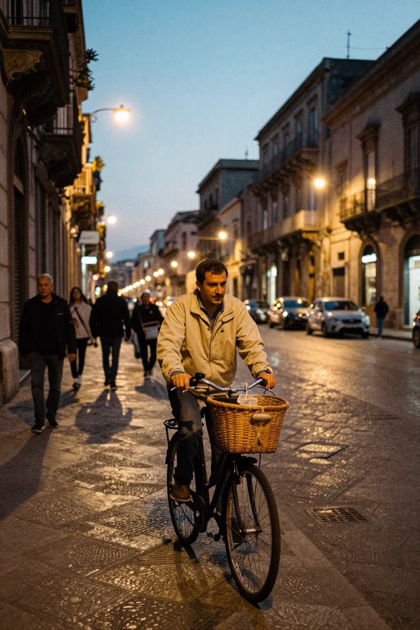 Evening Street Life in Palermo Italy with Bicycle Basket and Condensation on Window Sill in in Palermo, Italy