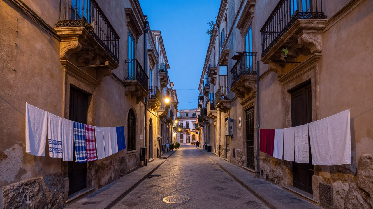 Evening Street Life in Palermo Italy with Drying Towels and Local Architecture in in Palermo, Italy
