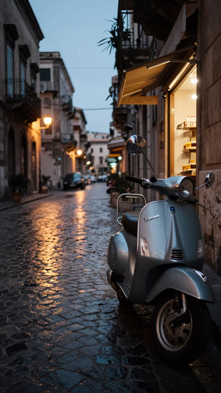 Evening Street Life in Palermo Italy with Vespa Reflection and Street Food in in Palermo, Italy