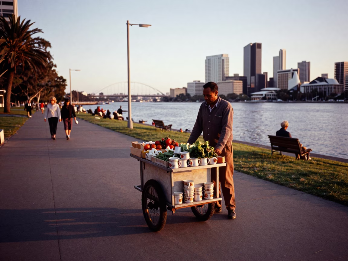 Evening Street Life in Perth Western Australia with Ceramic Mugs and Rolling Carts in in Perth, Western Australia, Australia