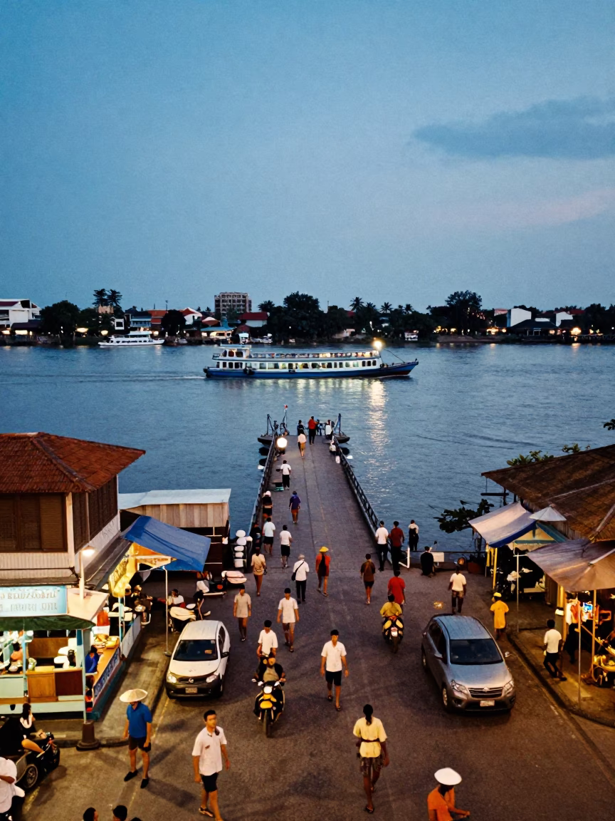 Evening Street Life in Phnom Penh Cambodia with Chain Ferry Crossing Mekong River in in Phnom Penh, Cambodia