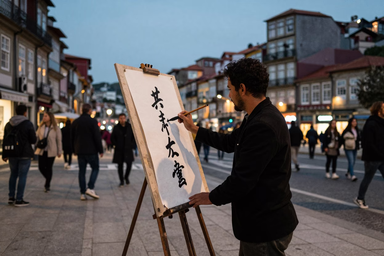 Evening Street Life in Porto Portugal with Traditional Calligraphy Demonstration and Local Crowd in in Porto, Portugal