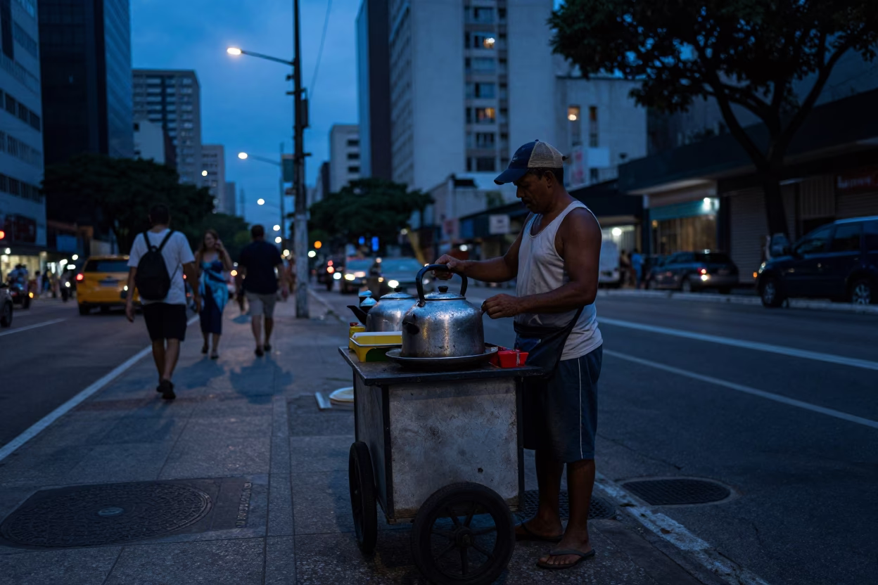 Evening Street Life in São Paulo Brazil with Condensation on Kettle Lid in in São Paulo, Brazil