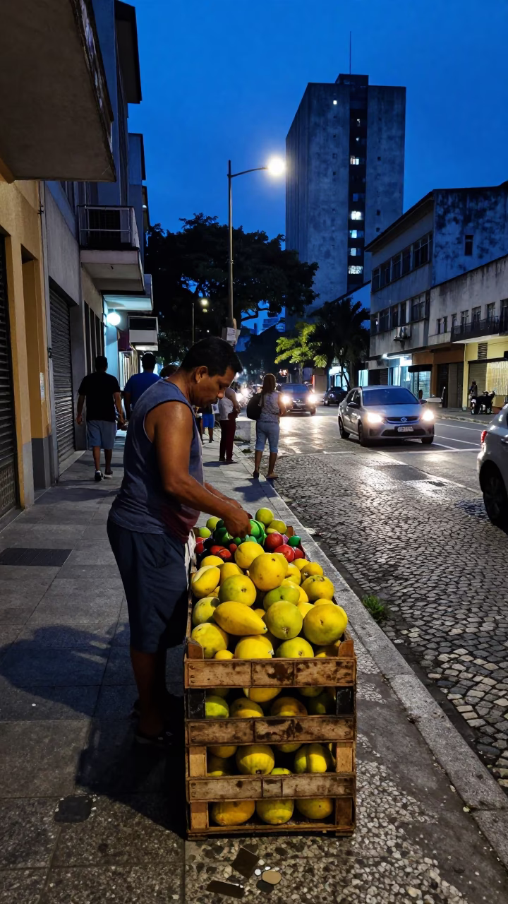 Evening Street Life in São Paulo Brazil with Fruit Crate and Cobblestone Sidewalk in in São Paulo, Brazil
