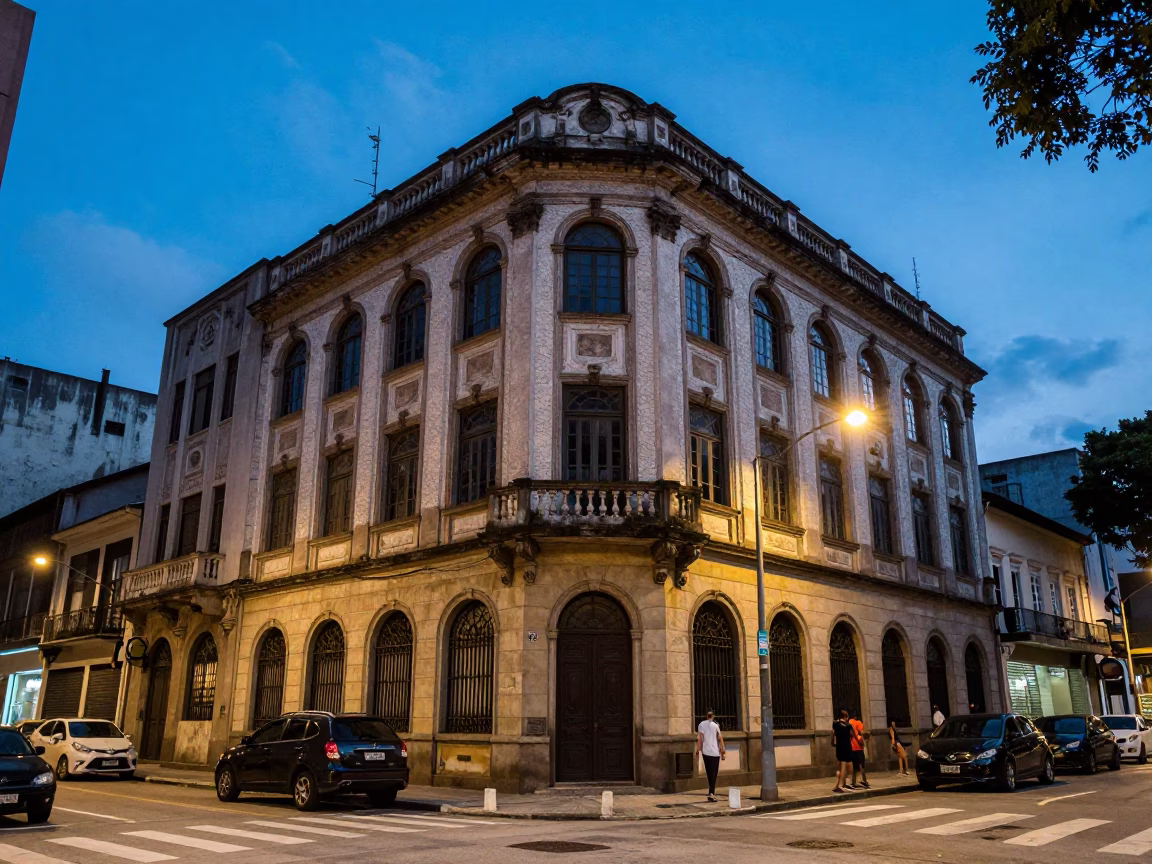 Evening street life in São Paulo Brazil with vintage architecture and local commerce in in São Paulo, Brazil