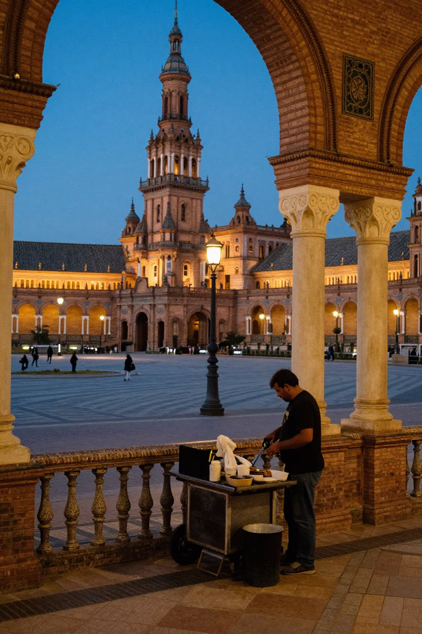 Evening Street Life in Seville Spain with City Lights and Local Street Vendor Scene in in Seville, Spain