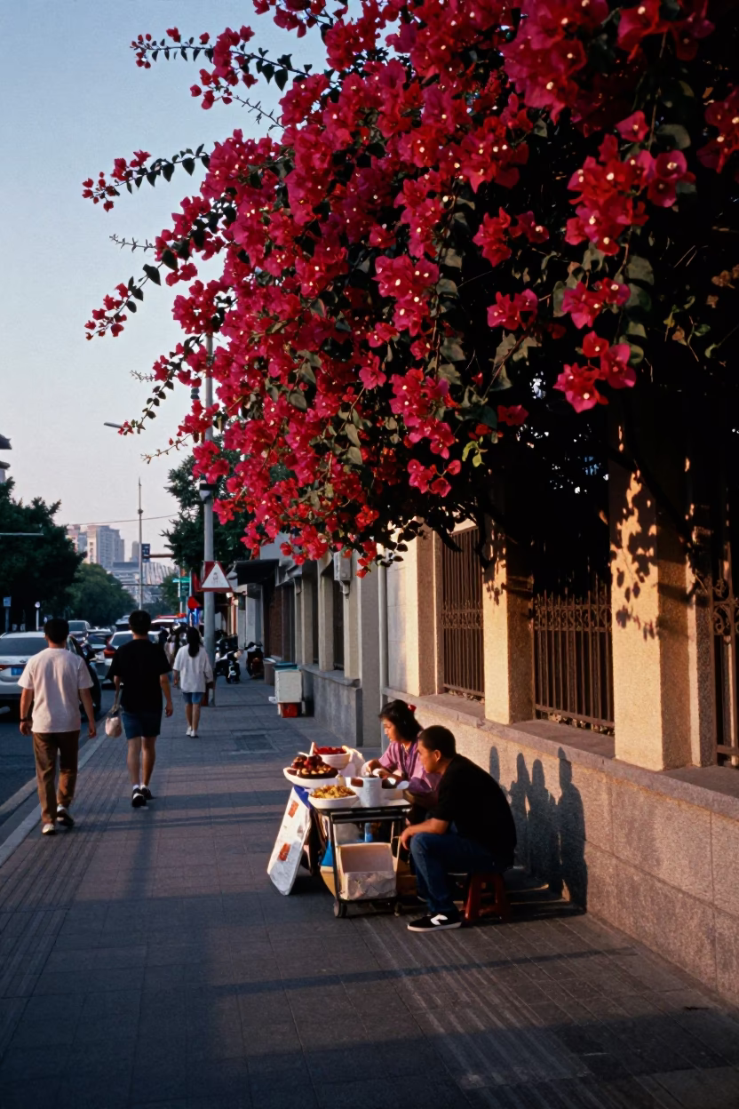 Evening Street Life in Shanghai with Bougainvillea and Local Vendors in in Shanghai, China