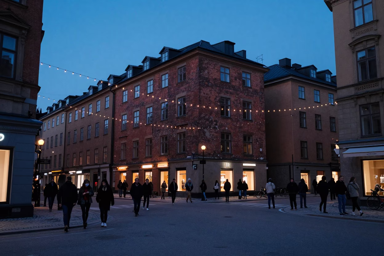 Evening Street Life in Stockholm Sweden with String Lights and Urban Details in in Stockholm, Sweden