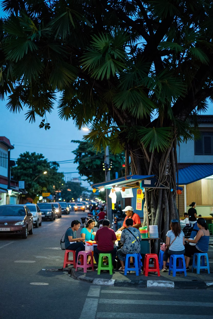 Evening Street Life in Surabaya Indonesia with Banyan Tree and Local Activity in in Surabaya, Indonesia