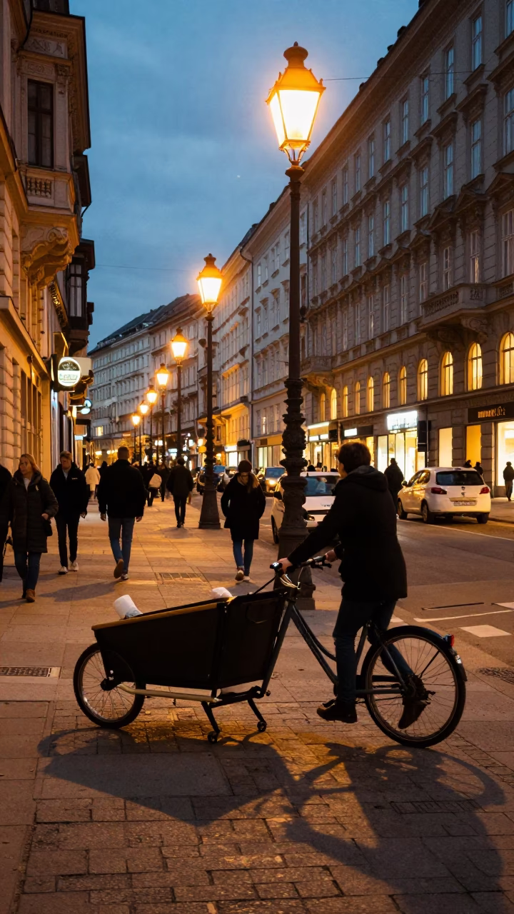 Evening Street Life in Vienna Austria with Cargo Bicycle and City Lights in in Vienna, Austria